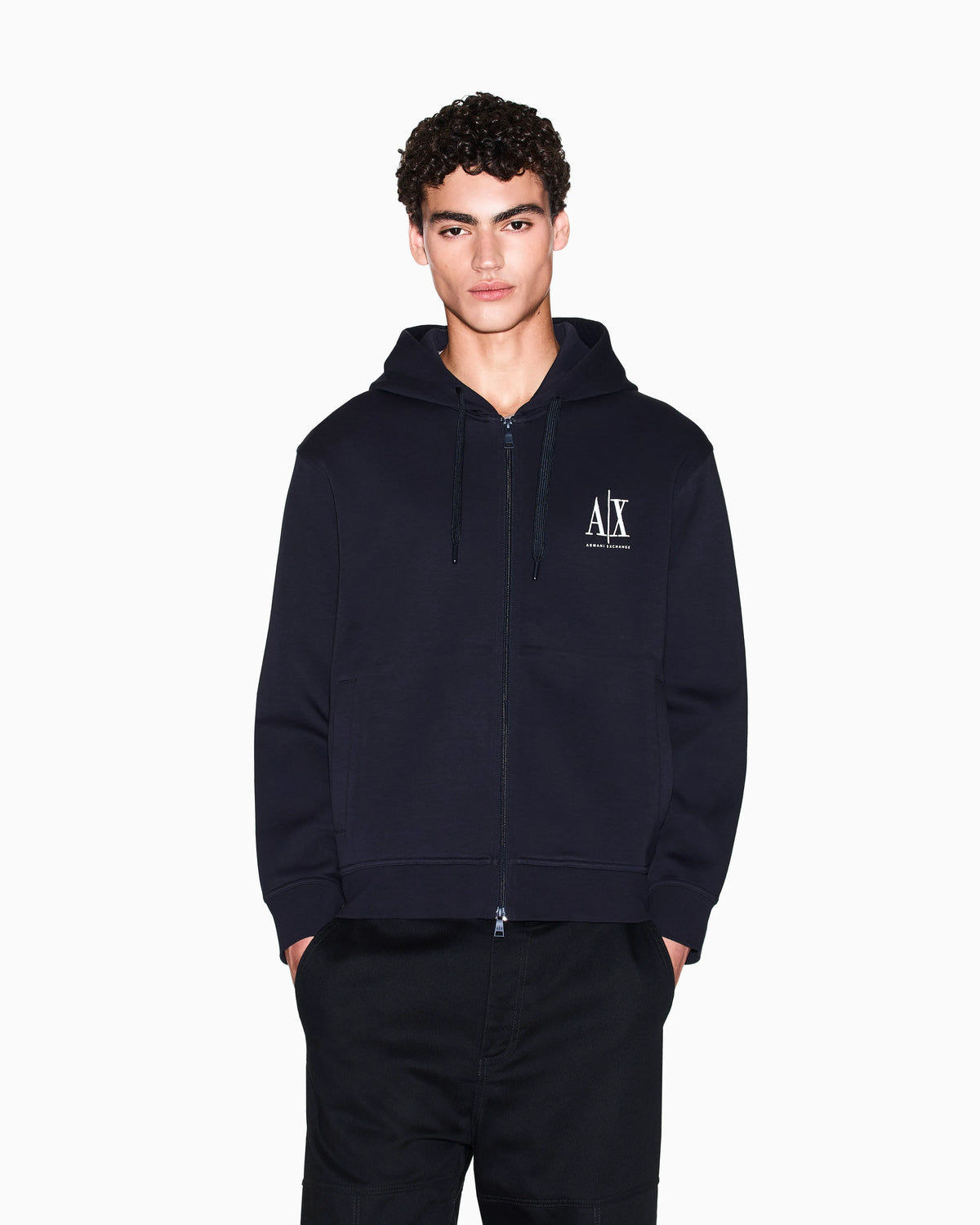 Full-zip hoodie in bonded stretch cotton with logo Icon