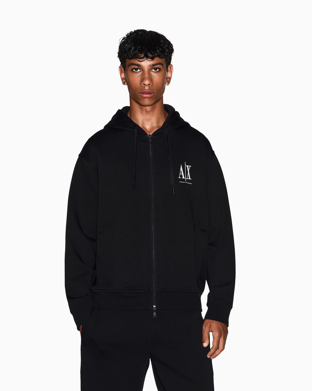 Full-zip hoodie in bonded stretch cotton with logo Icon