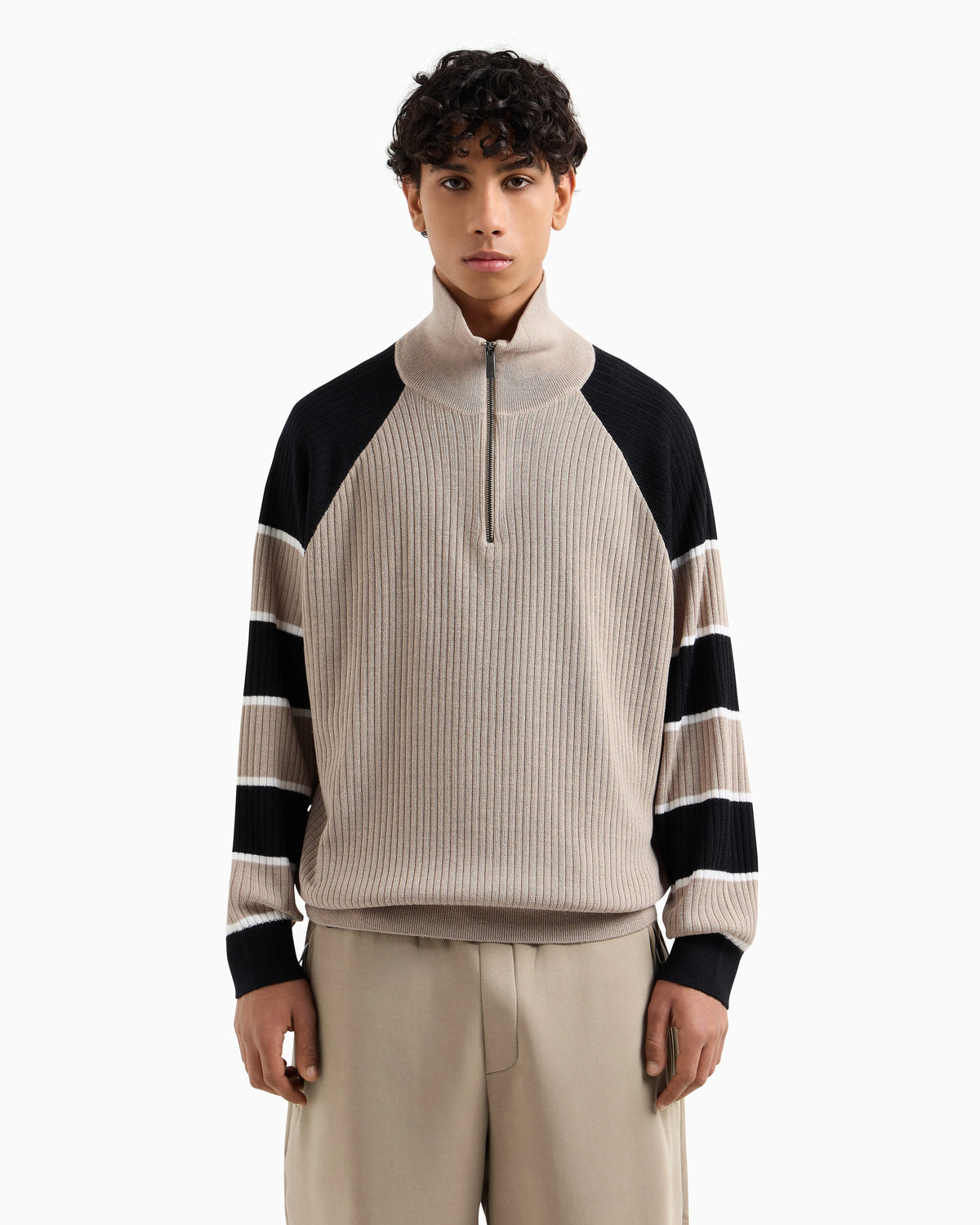 Zip-up sweater with striped sleeves