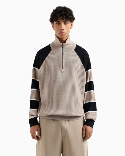Zip-up sweater with striped sleeves