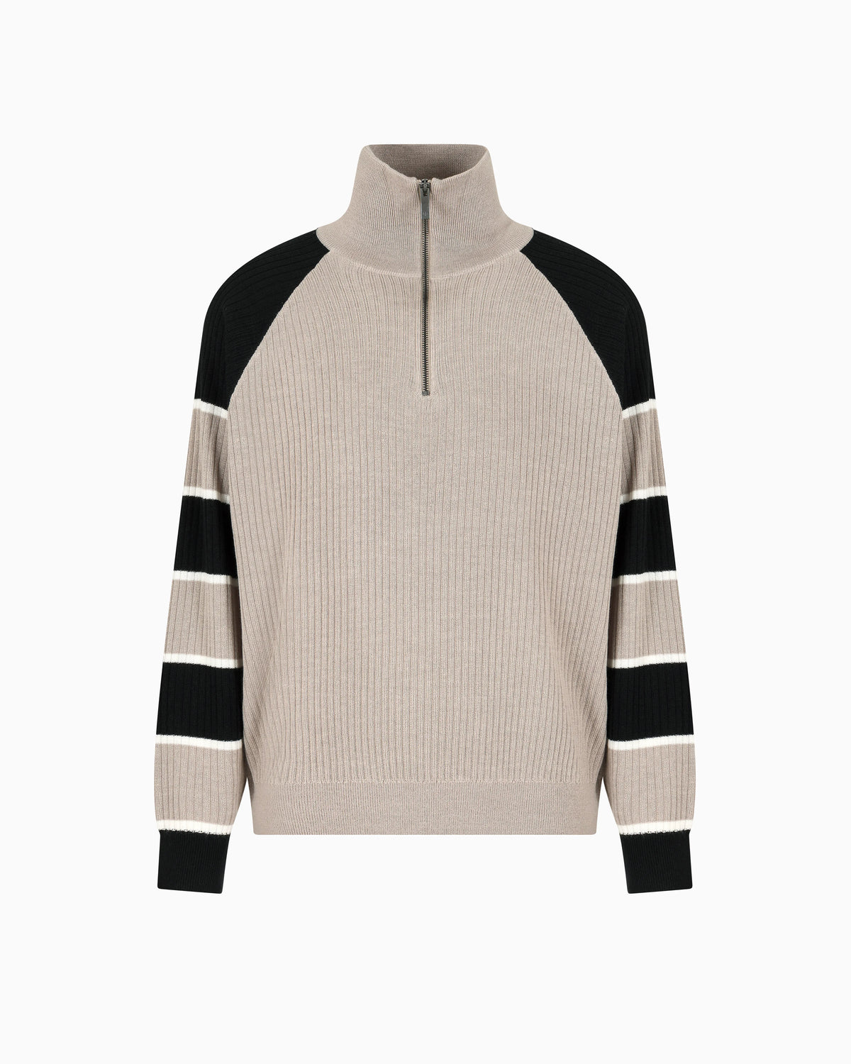 Zip-up sweater with striped sleeves