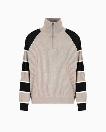 Zip-up sweater with striped sleeves