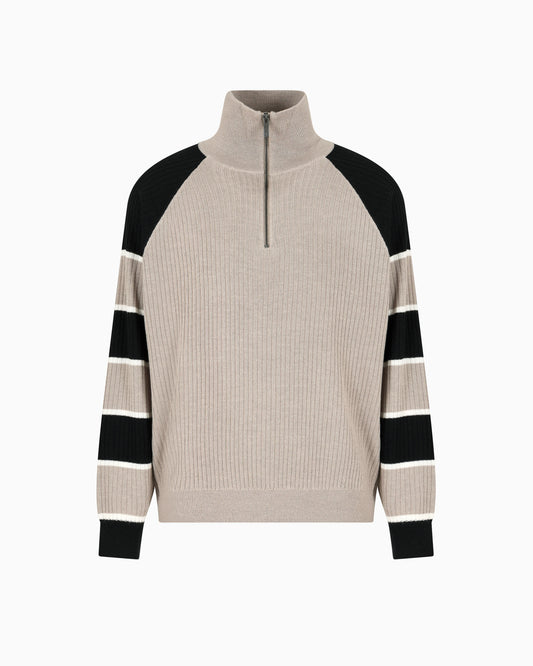 Zip-up sweater with striped sleeves