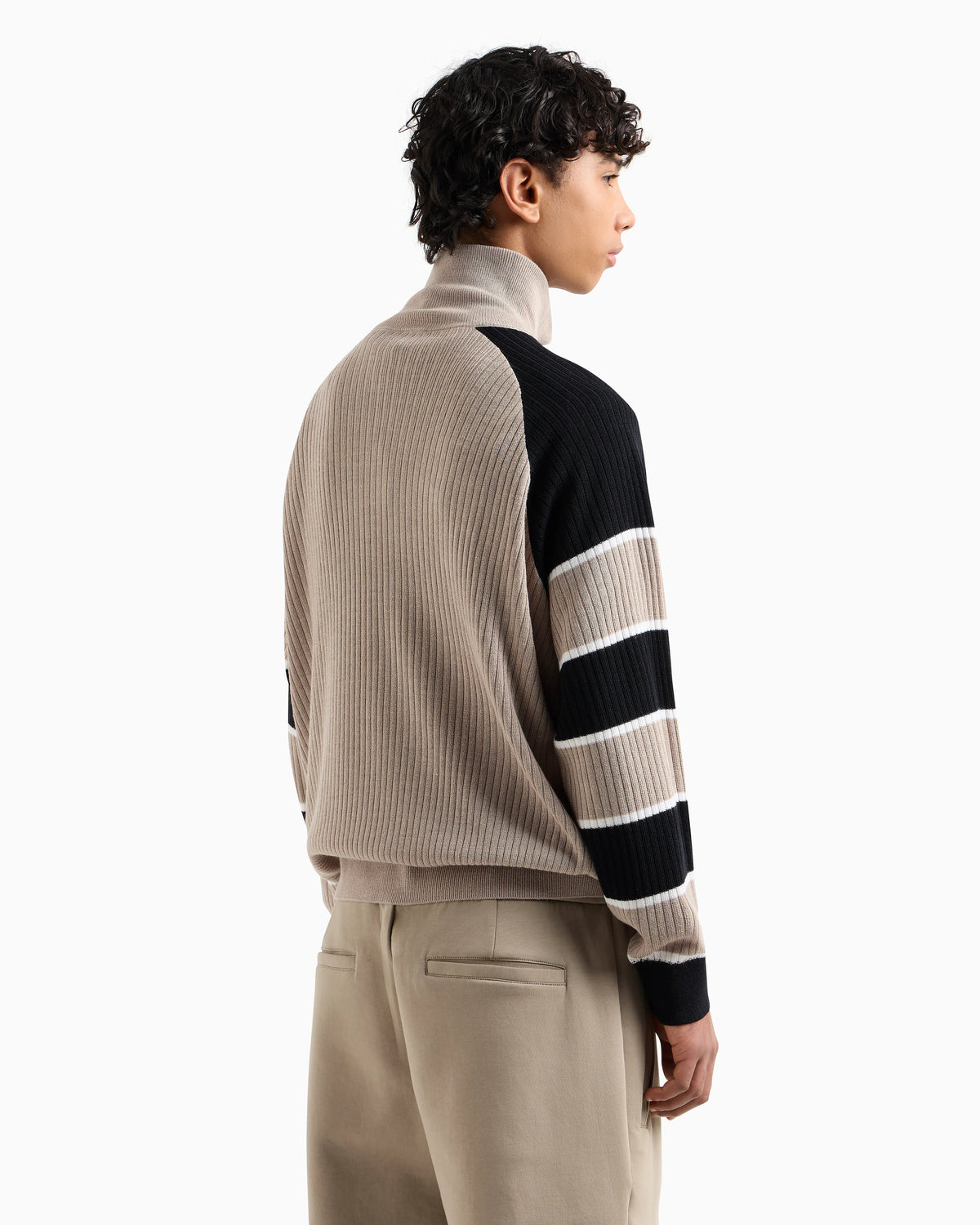 Zip-up sweater with striped sleeves