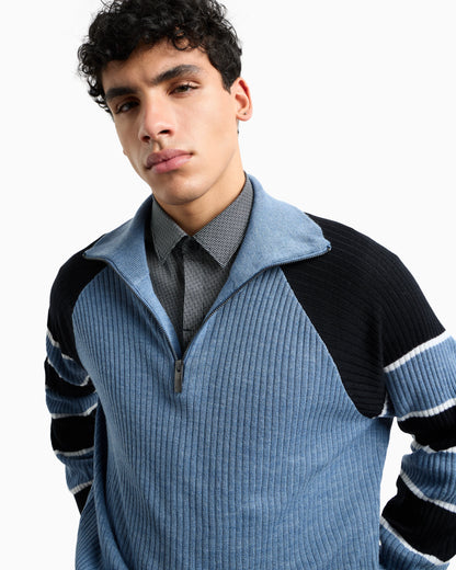 Zip-up sweater with striped sleeves