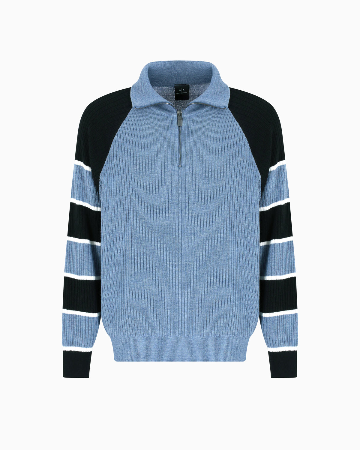 Zip-up sweater with striped sleeves