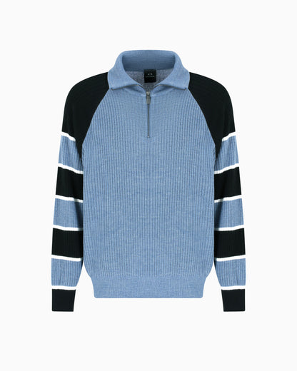 Zip-up sweater with striped sleeves