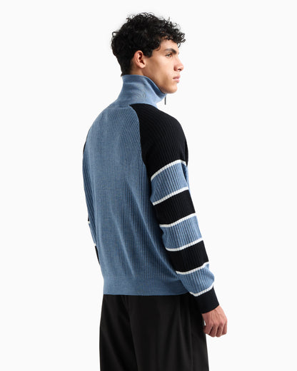 Zip-up sweater with striped sleeves