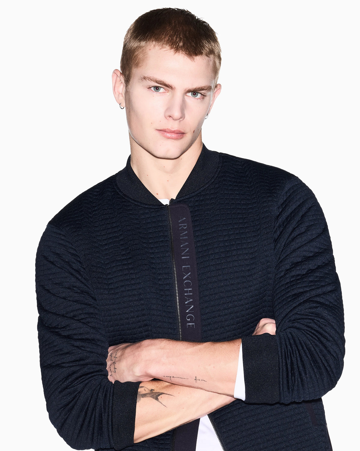 Stretch bomber jacket in jacquard with zip and ribbed trims