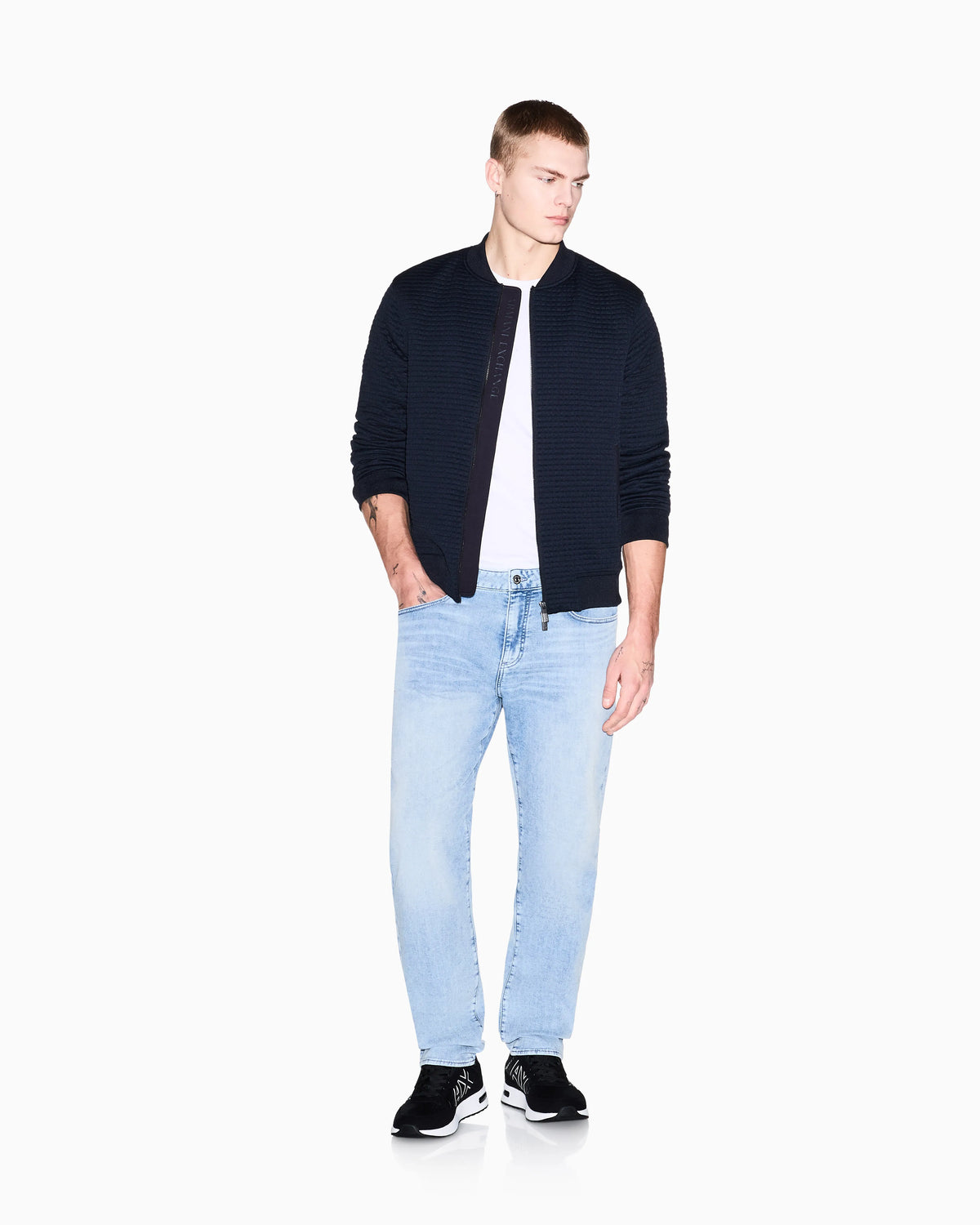 Stretch bomber jacket in jacquard with zip and ribbed trims
