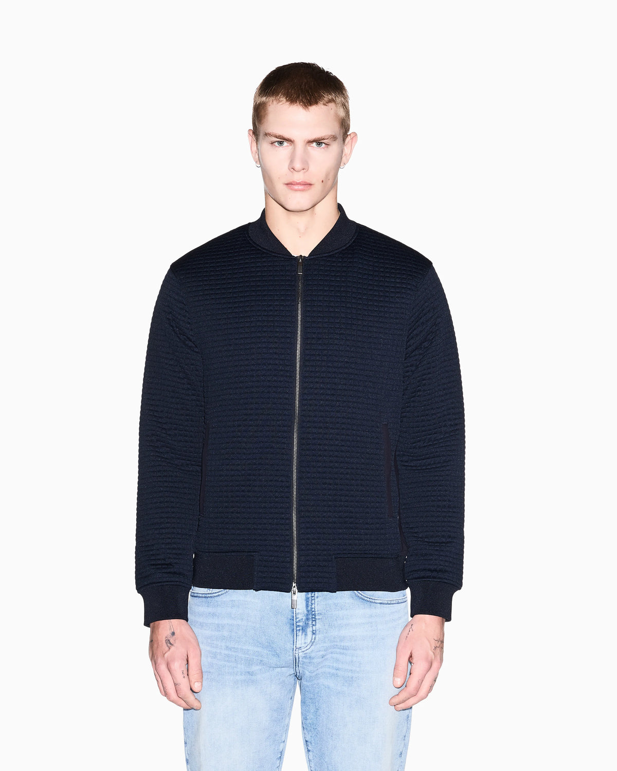 Stretch bomber jacket in jacquard with zip and ribbed trims