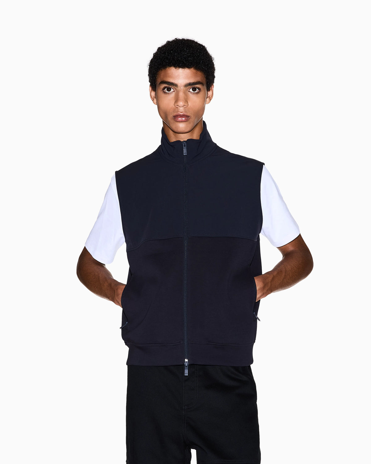 Full-zip vest in stretch cotton with a high collar Essential