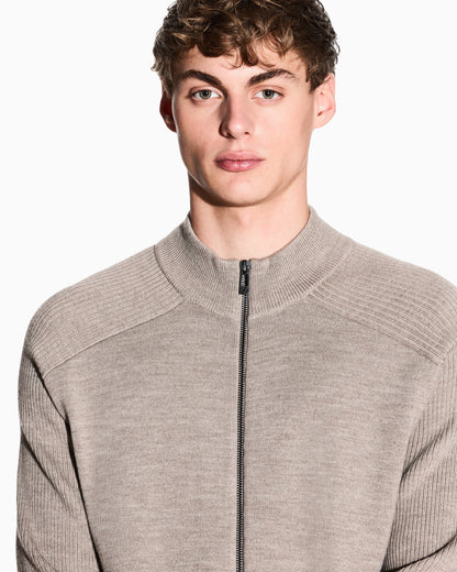Cotton and Wool Cardigan with Ribbed Knitting
