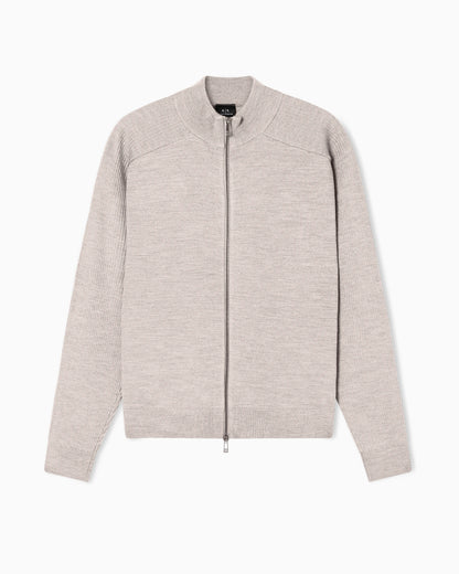 Cotton and Wool Cardigan with Ribbed Knitting