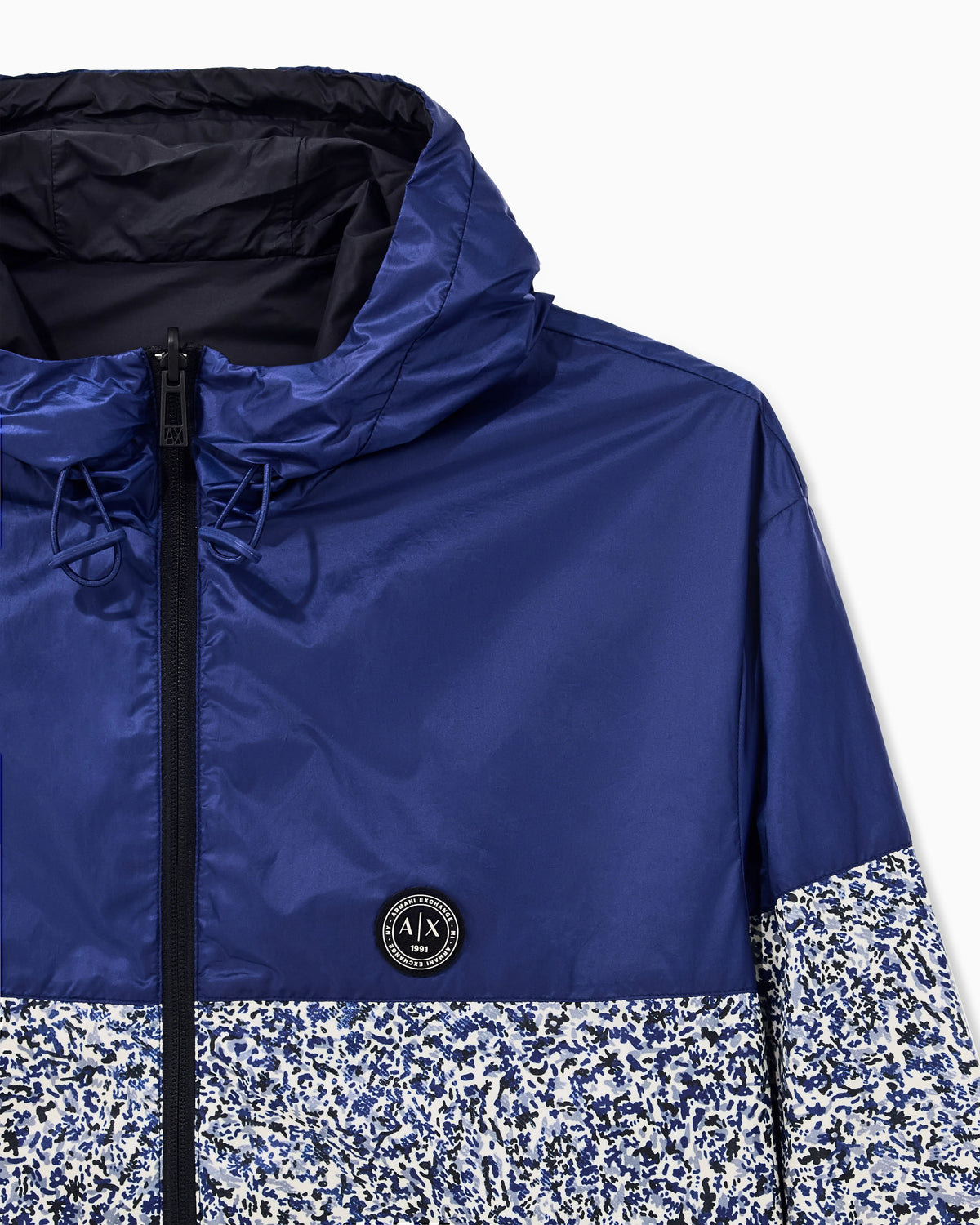 Down jacket with abstract pattern and drawstring hood