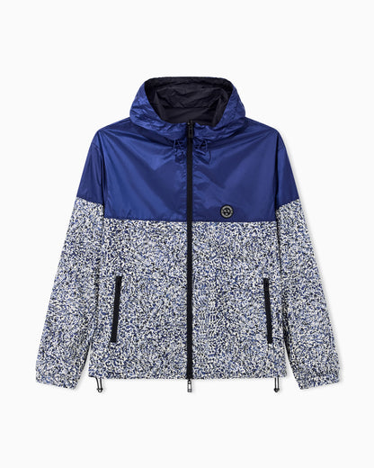 Down jacket with abstract pattern and drawstring hood