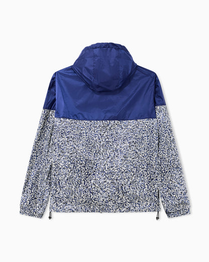 Down jacket with abstract pattern and drawstring hood