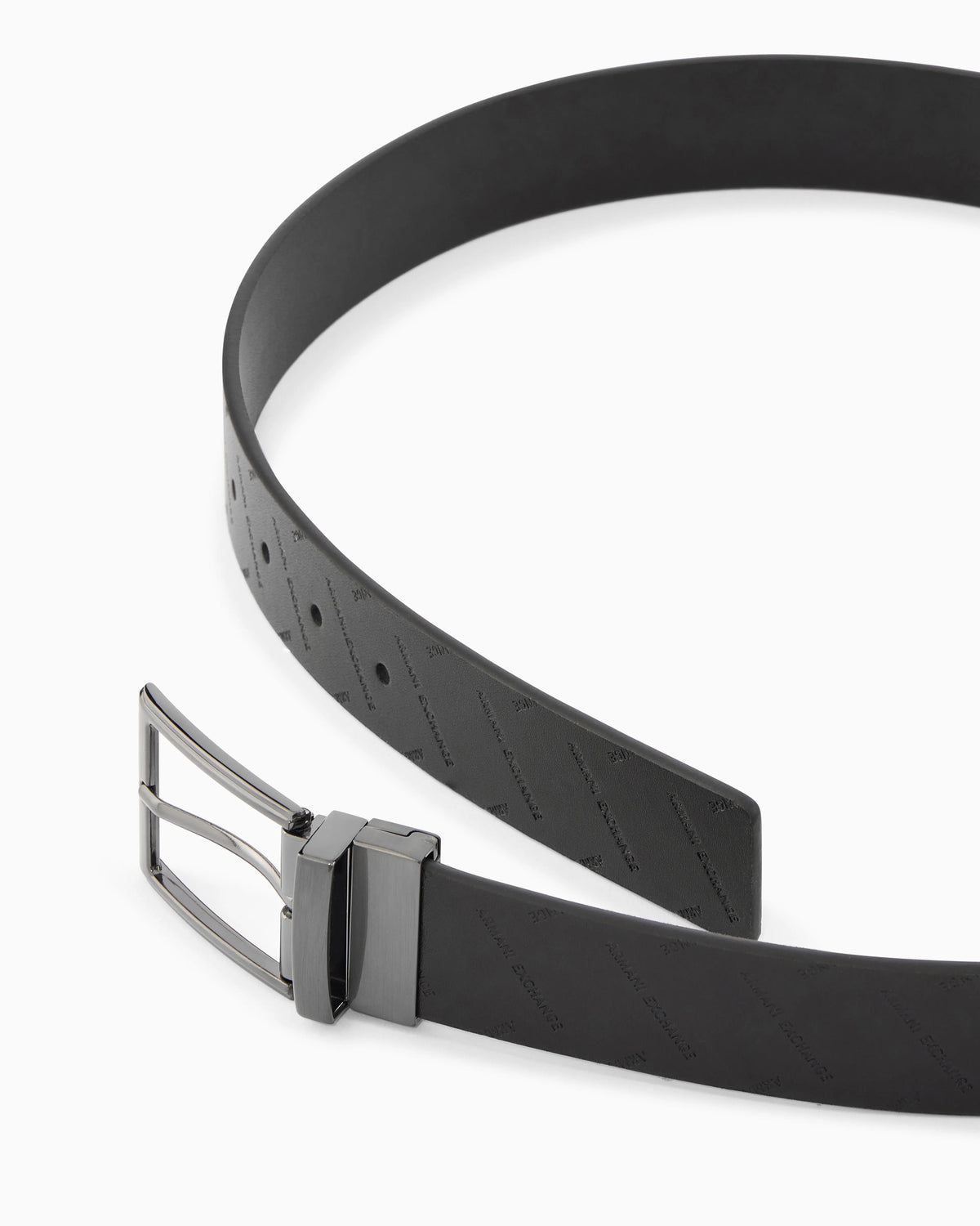 Leather belt with embossed logo pattern and metal buckle