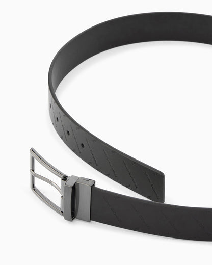 Leather belt with embossed logo pattern and metal buckle