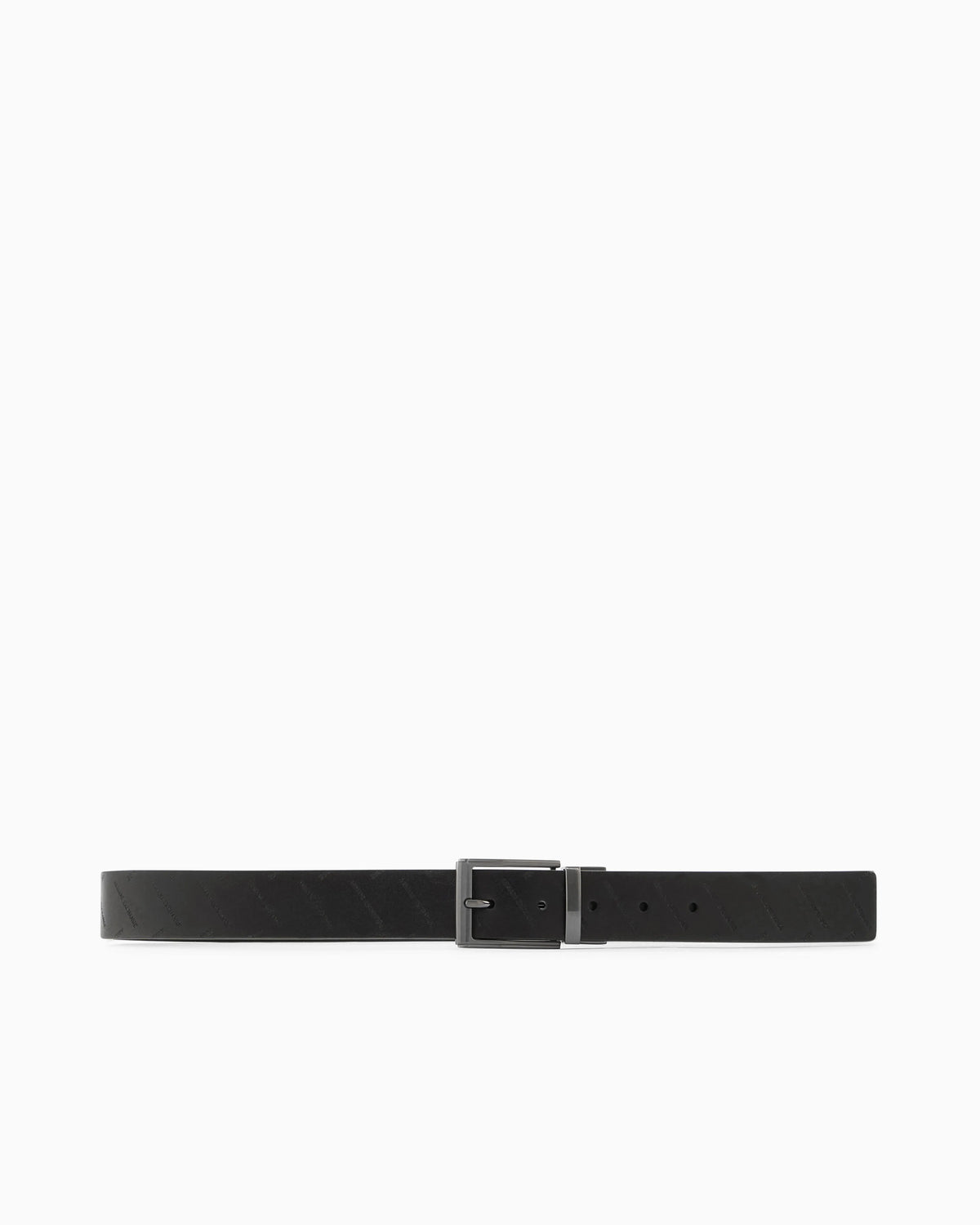 Leather belt with embossed logo pattern and metal buckle