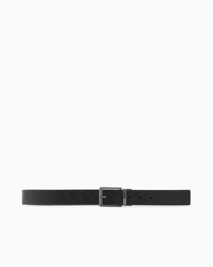 Leather belt with embossed logo pattern and metal buckle