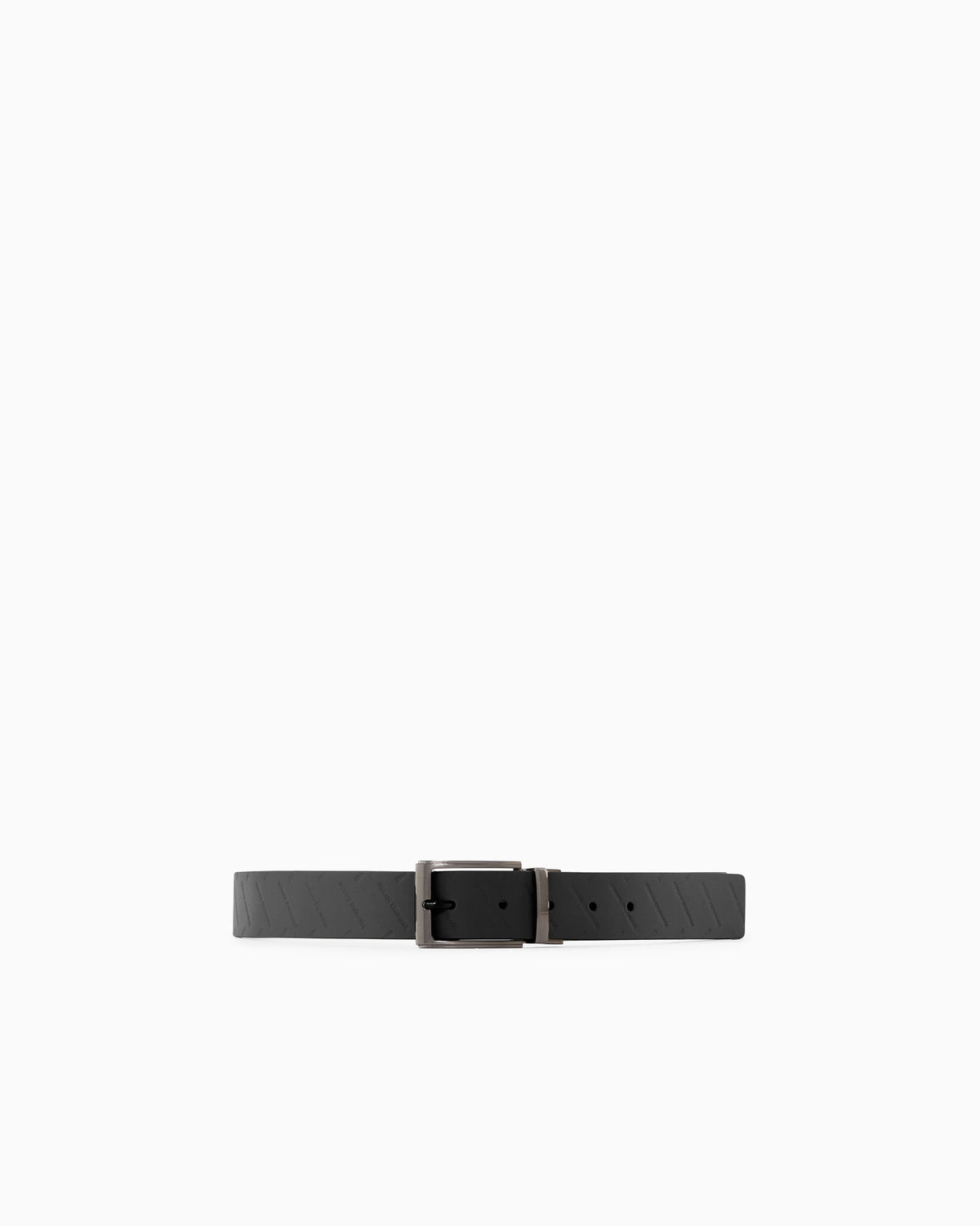 Leather belt with embossed logo pattern and metal buckle
