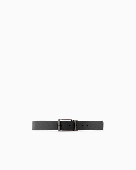 Leather belt with embossed logo pattern and metal buckle
