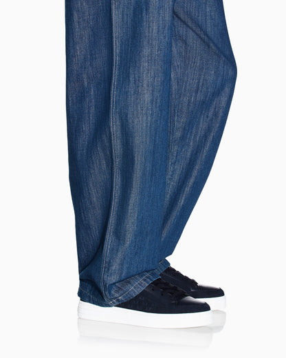Washed cotton denim pants with an elastic drawstring waist
