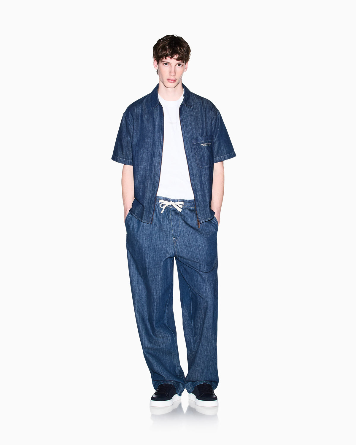 Washed cotton denim pants with an elastic drawstring waist