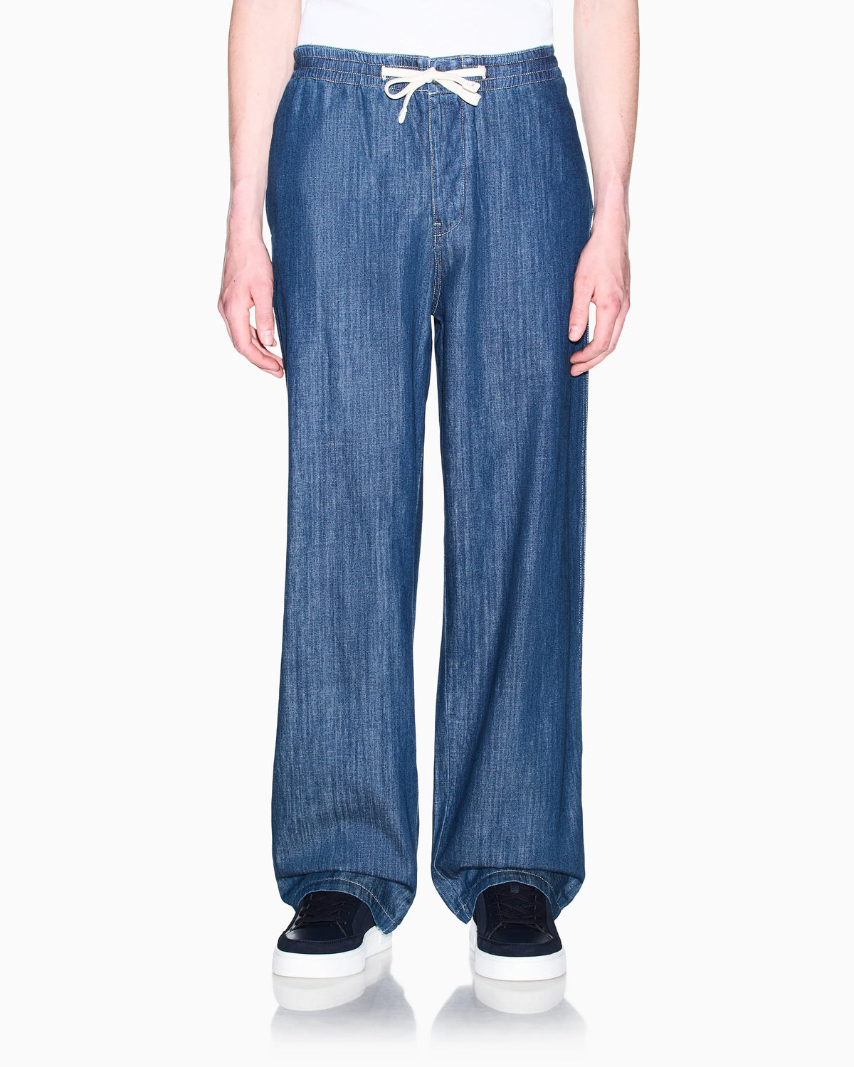 Washed cotton denim pants with an elastic drawstring waist