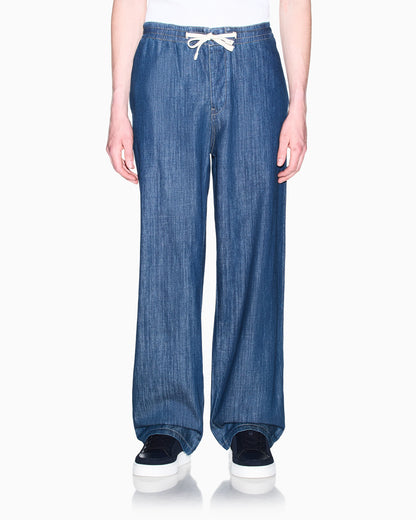Washed cotton denim pants with an elastic drawstring waist