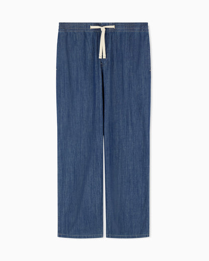 Washed cotton denim pants with an elastic drawstring waist