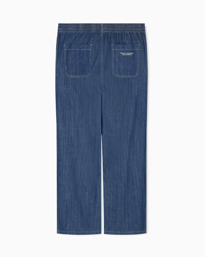 Washed cotton denim pants with an elastic drawstring waist