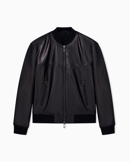 Regular fit blouson jacket in leather with rib details