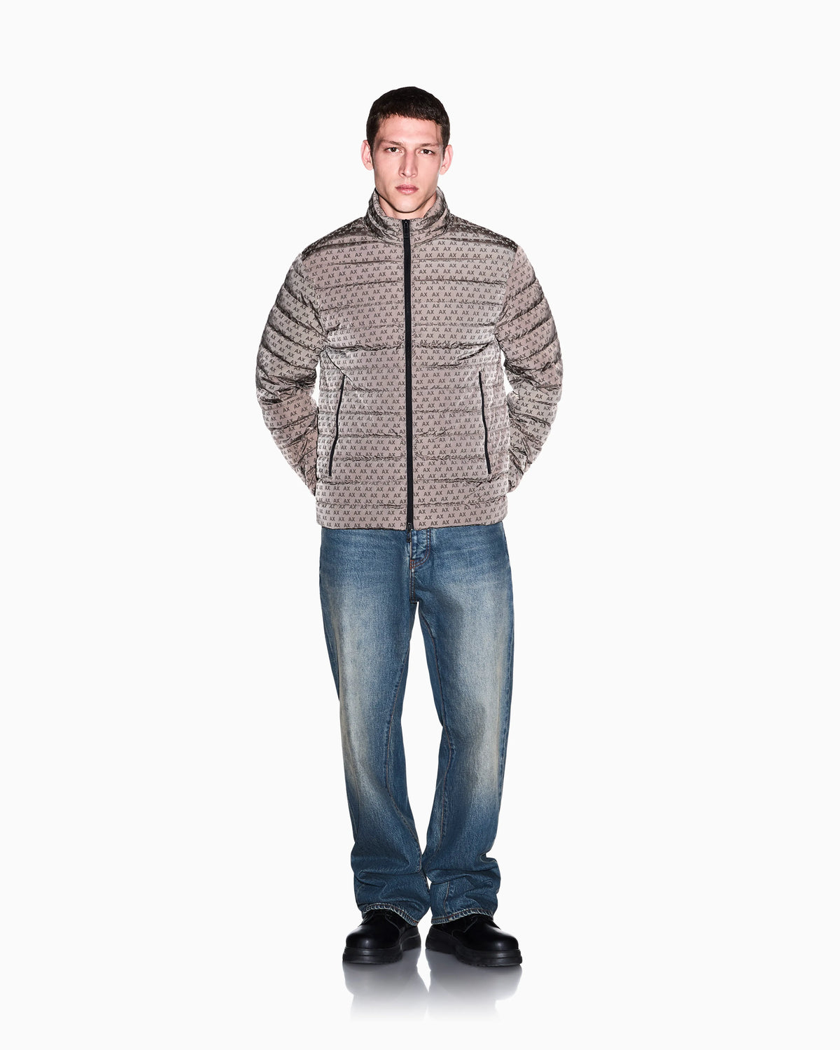 down jacket in all-over flocked nylon