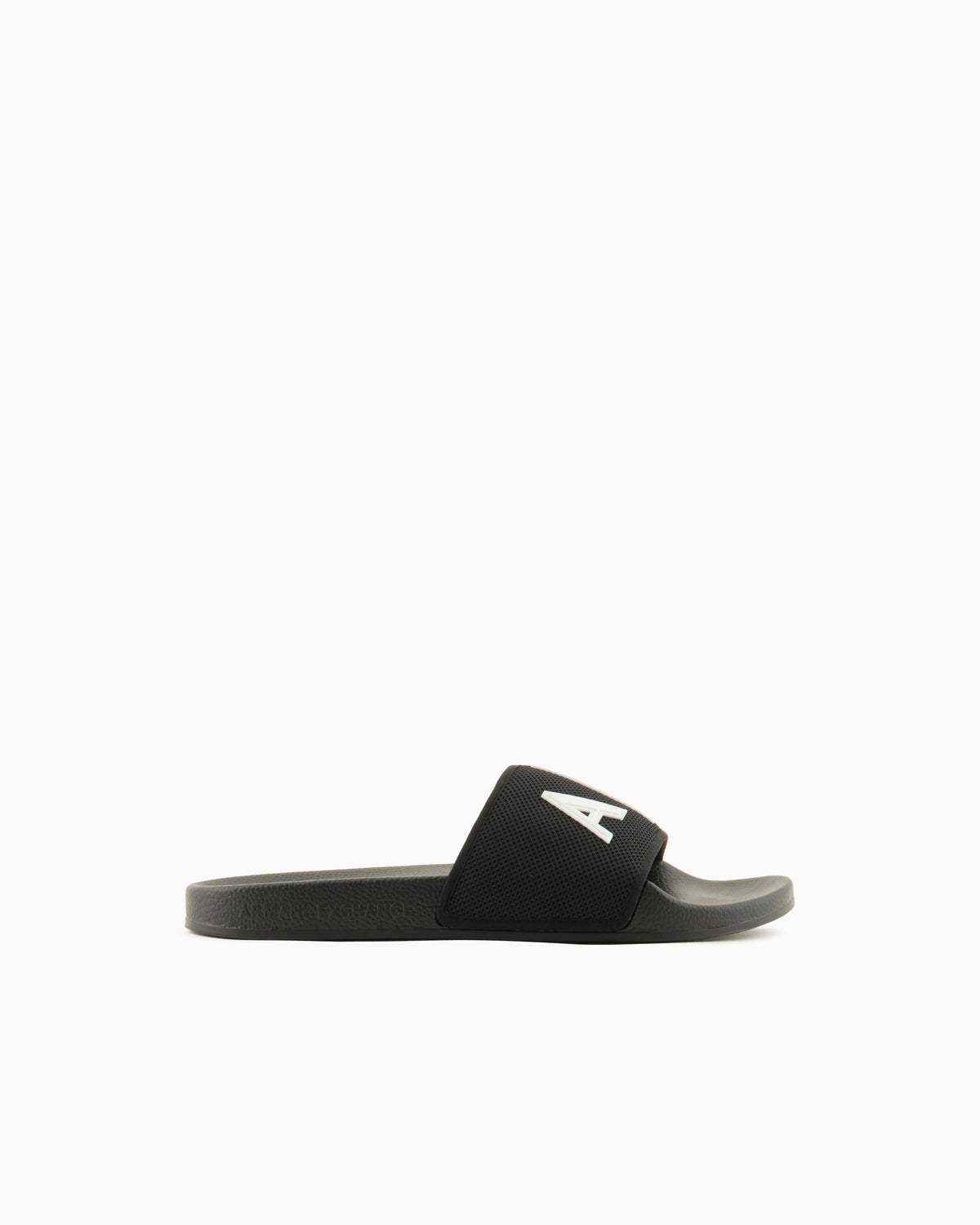 Slide sandals with a wide strap and textured rubber sole