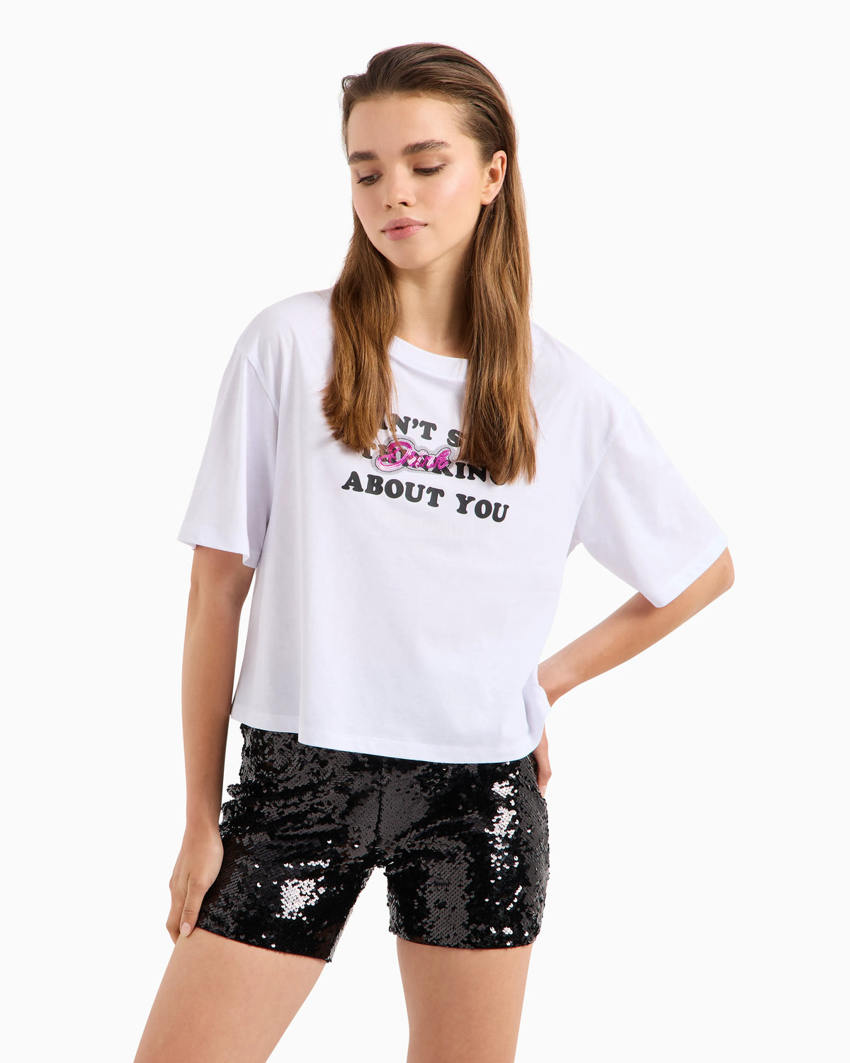 Cropped fit t-shirt "Can't stop thinking about you"
