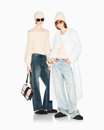 oversized fit 5 pockets denim pant with embellishment