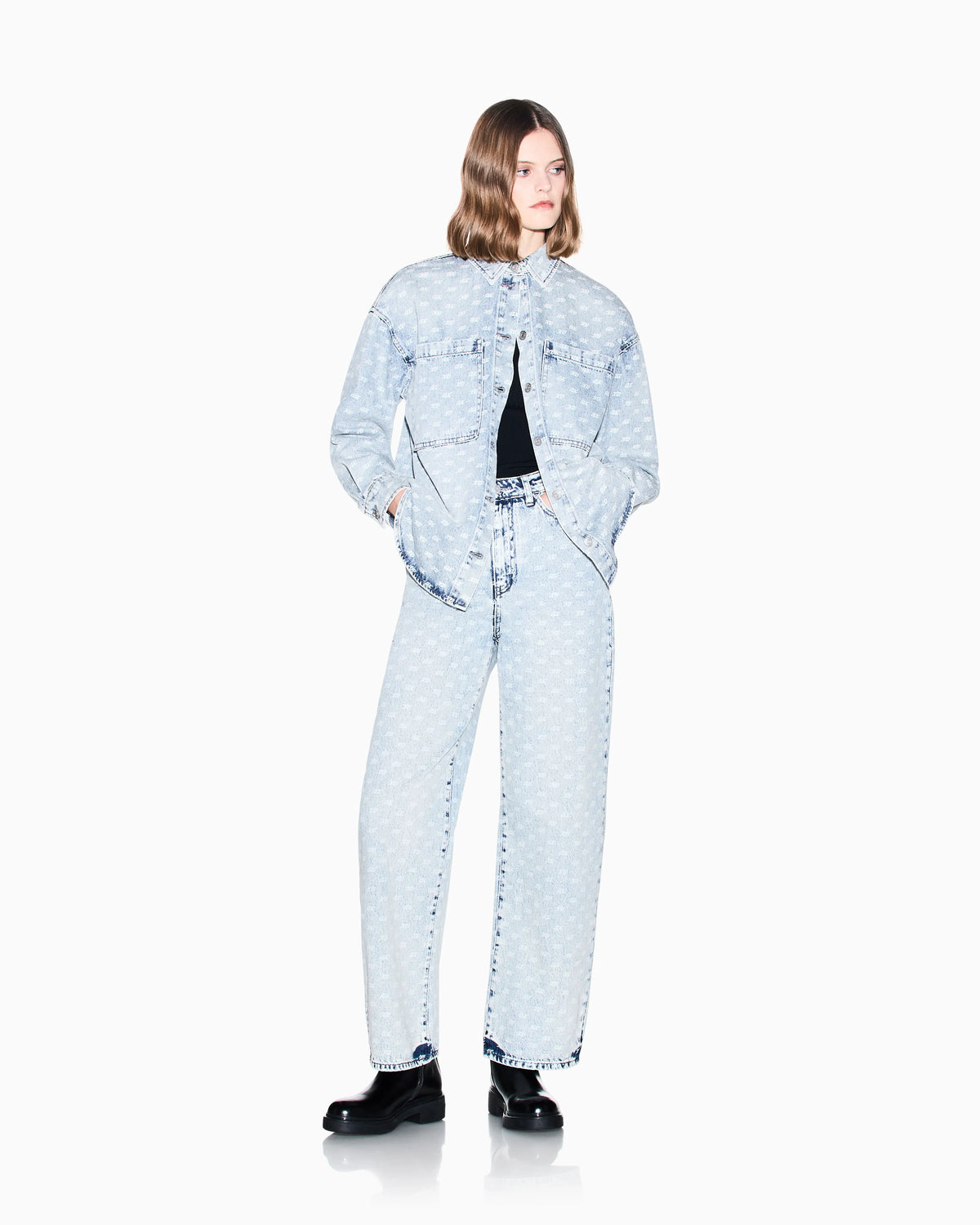 Oversized five-pocket denim pants with an allover print