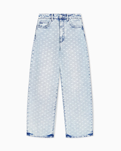 Oversized five-pocket denim pants with an allover print