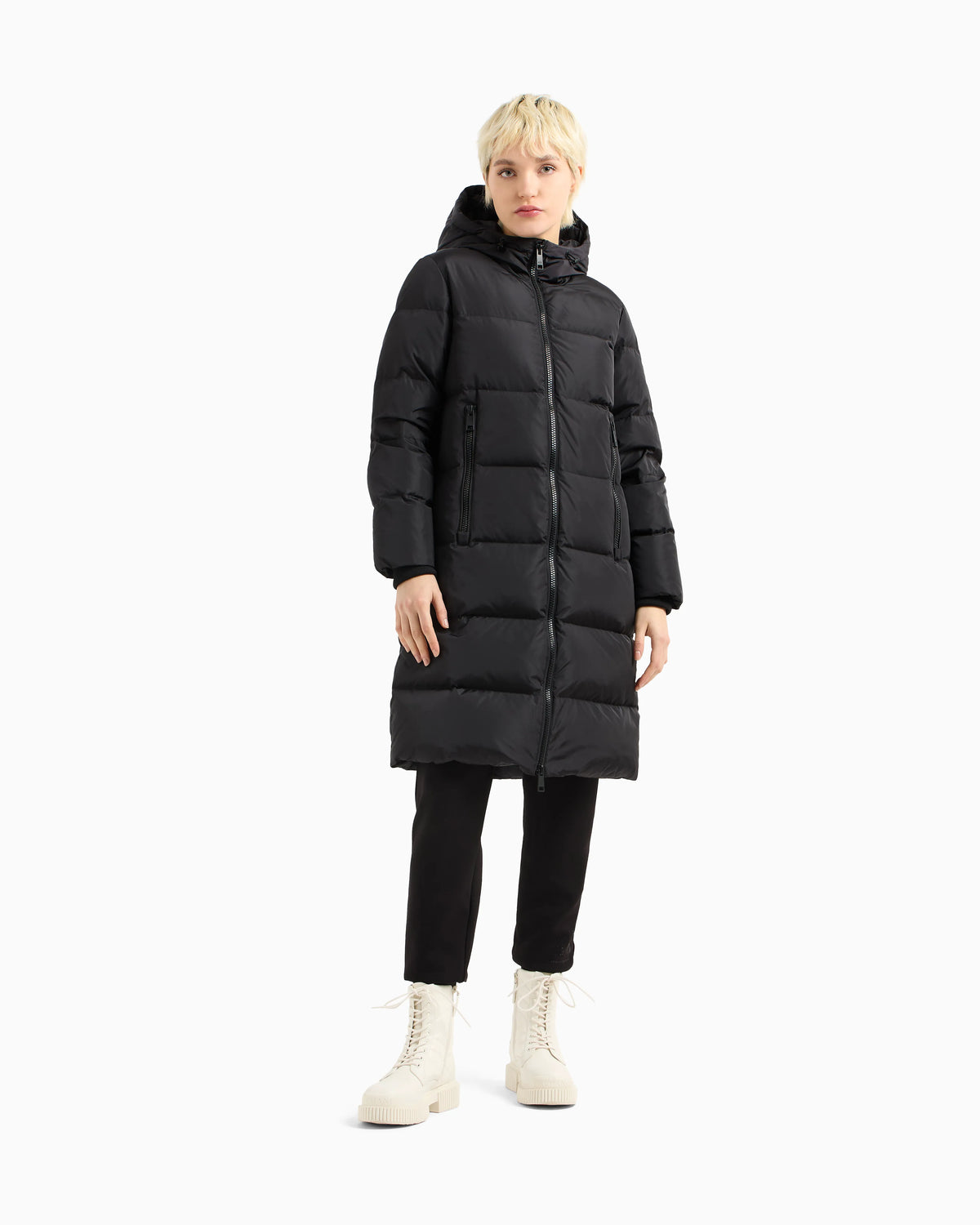 Quilted down puffer coat with a hood and zip pockets Icon