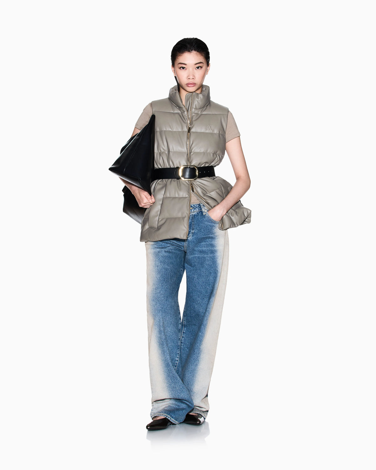 Padded sleeveless jacket with a coated effect