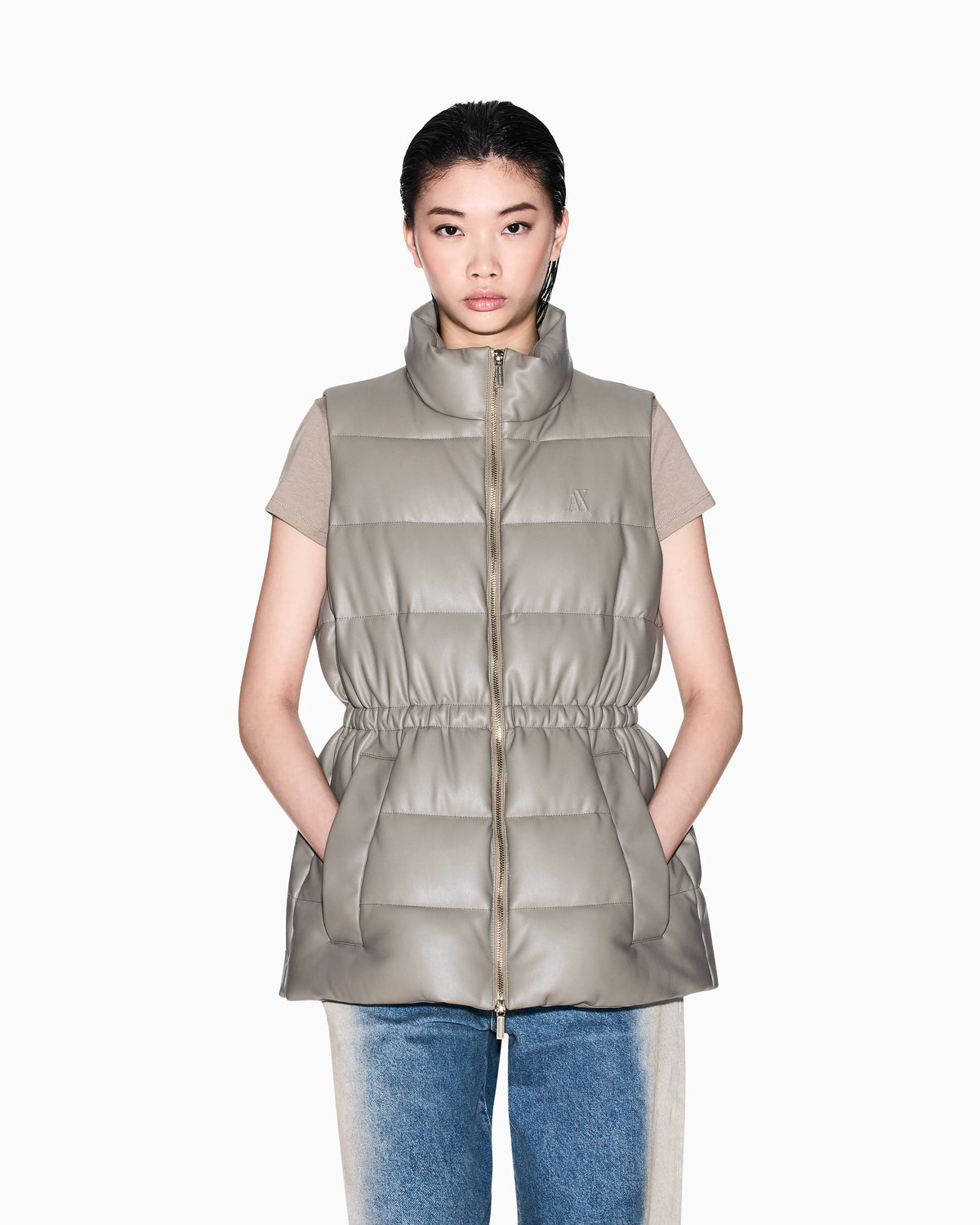 Padded sleeveless jacket with a coated effect