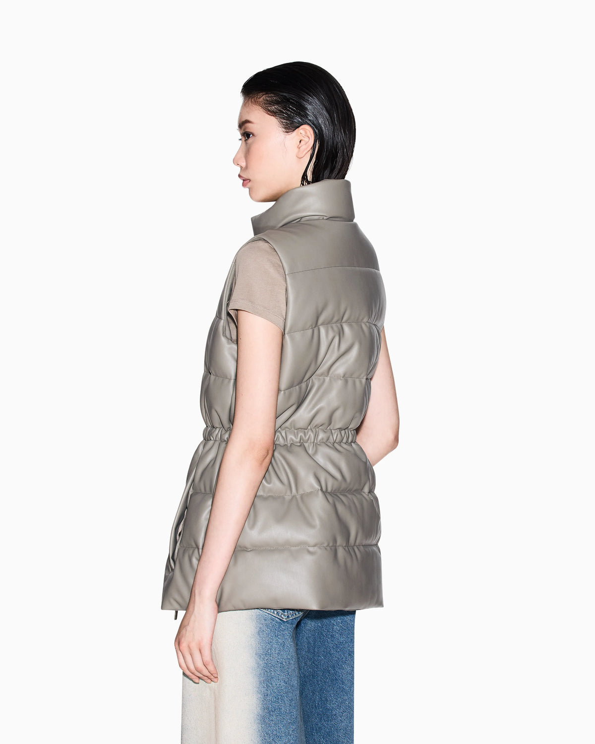 Padded sleeveless jacket with a coated effect