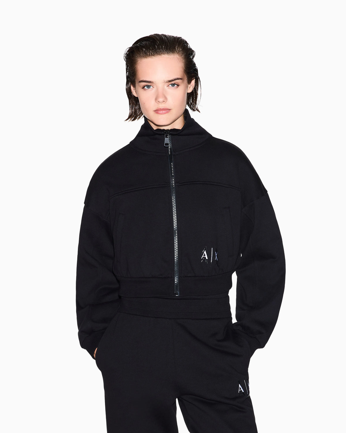 Cropped jacket with zip and high collar