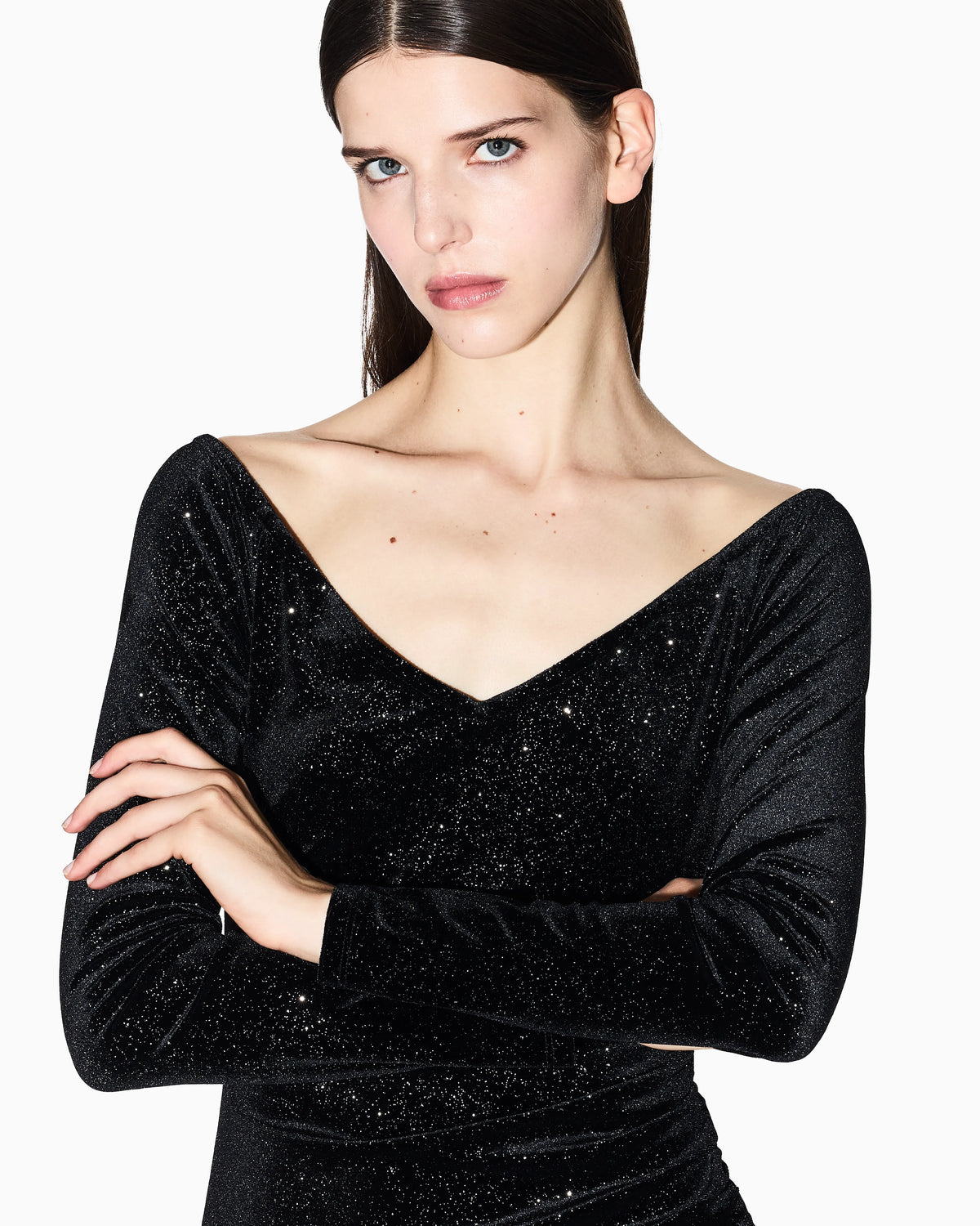 Black velvet midi dress with micro-glitter
