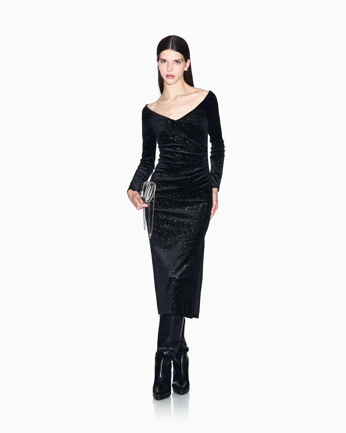 Black velvet midi dress with micro-glitter