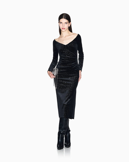 Black velvet midi dress with micro-glitter