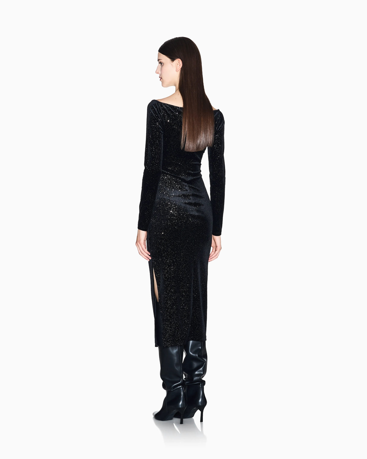 Black velvet midi dress with micro-glitter