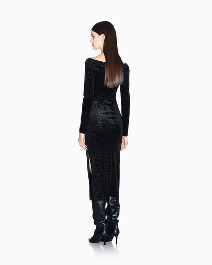 Black velvet midi dress with micro-glitter